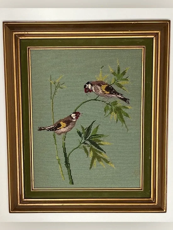 Vintage Framed Petit Point Needlework – Two Birds on Bamboo ,Made in Mexico 1997 - Picture 1 of 17